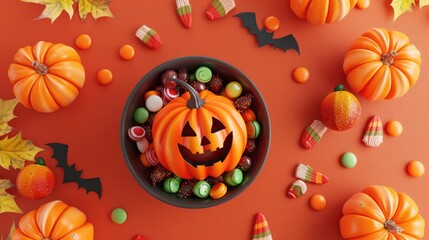 Halloween candy pumpkin bowl flat design top view autumn theme 3D render Triadic Color Scheme