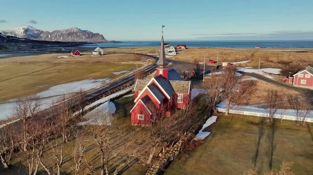 Aerial view of Lofoten Islands beautiful landscape during winter