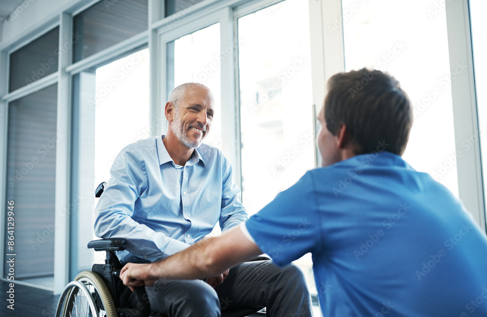 Poster Happy man, wheelchair and doctor in hospital for senior care, disability and healthcare in nursing home. Elderly person, male patient and nurse with discussion for wellness, support and good news