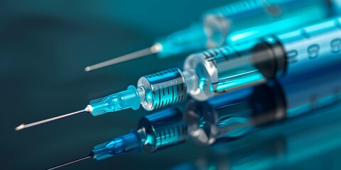 A syringe with a blue liquid in it is shown in a mirror. The syringe is surrounded by other syringes, and the image has a reflective quality