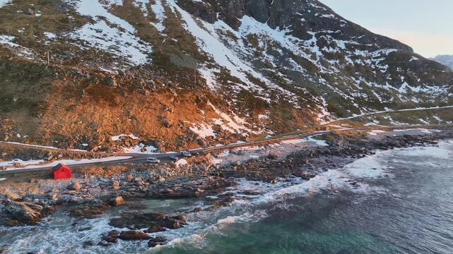 Aerial view of Lofoten Islands beautiful landscape during winter