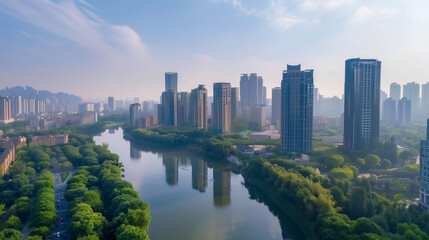 Obraz premium Stunning Chengdu skyline with high-rise buildings against a picturesque backdrop, capturing the city's urban beauty.