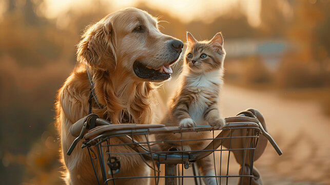 Portrait photo of  cute baby kitten cat  and dog in the basket of bicycle with summer background , studio shooting high quality photo pet   background, wallpaper, wall art