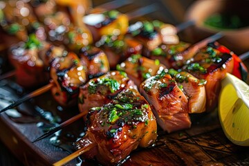 Delicious grilled skewers with glazed meat and vegetables, garnished with fresh herbs, perfect for a summer barbecue.