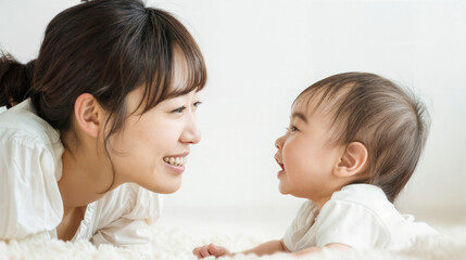 笑顔で見つめ合う母親と子供