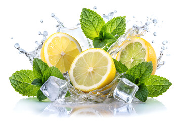 Mint leaves and lemon slices over ice and in a splash of water. Isolated on a white background