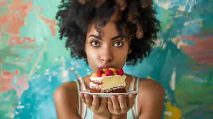 Young woman with distinct afro hairstyle holds a plate with a delicious slice of cake topped with raspberries, standing against a vividly colorful and artistic background, exuding vibrance and joy.
