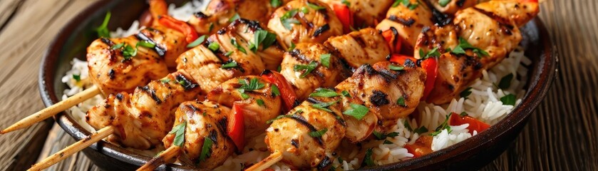 Delicious grilled chicken skewers with colorful vegetables served over a bed of white rice, garnished with fresh herbs.