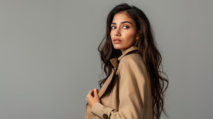 Elegant young woman with long dark hair and an alluring expression poses in a stylish beige coat against a plain gray background, showcasing sophistication and modern fashion in a minimalist setting.