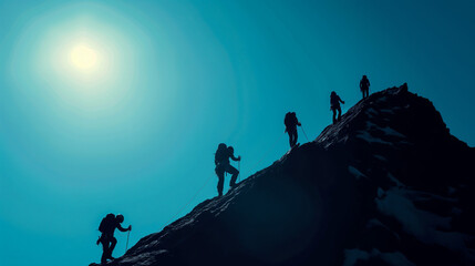 Fototapeta premium This dramatic image presents the silhouettes of climbers ascending a steep mountain, captured at dawn, embodying determination, effort, and teamwork.