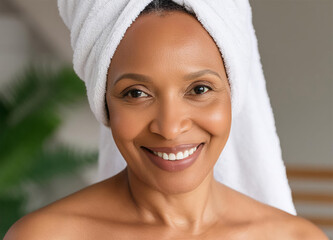 Headshot of Smiling mid age woman standing in bathroom after shower