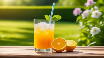 Fototapeta premium A glass with a orange juice decorated with a mint leaves stands on a wooden table against the backdrop of a blooming garden