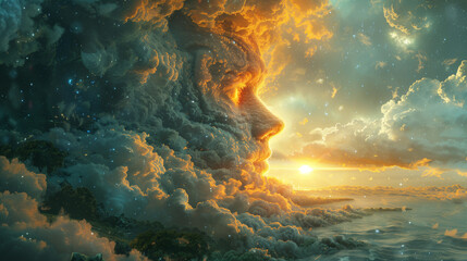 Obraz premium Human profile embodied within vibrant sunset cloud formations. 