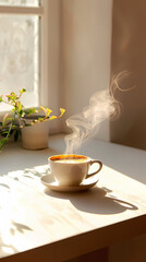 Fototapeta premium A cup of steaming coffee is placed on the table