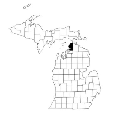 Map of Emmet County in Michigan state on white background. single County map highlighted by black colour on Michigan map. UNITED STATES, US
