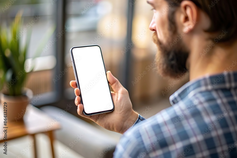 Poster Man looking at blank smartphone screen.