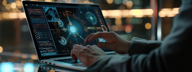 Cybersecurity Specialist Analyzing Digital Threats on Laptop with Futuristic Interface.