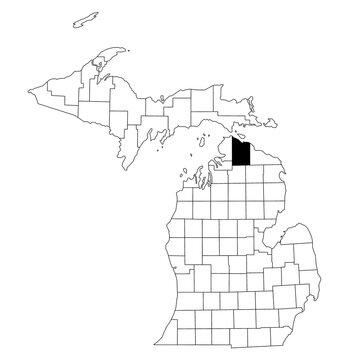 Map of cheboygan County in Michigan state on white background. single County map highlighted by black colour on Michigan map. UNITED STATES, US