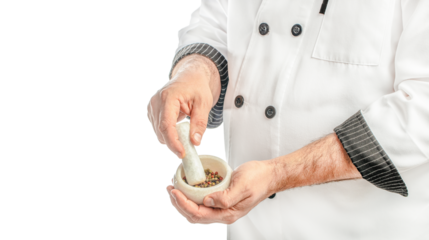 chef hands with bowl dry pepper isolated on white background. Cooking concept