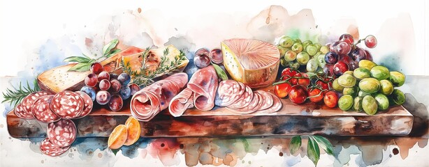 Watercolor depiction of a charcuterie board adorned with meats or cheeses.