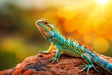 Colorful lizard basking in the sunlight on a rocky surface with a vibrant, blurred background.