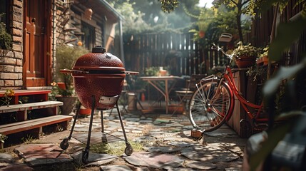 Cozy Backyard with BBQ Grill and Bicycle on a Sunny Day