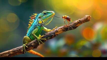 Vibrant green lizard on a branch facing a small insect, with a colorful blurred background. Nature and wildlife close-up.