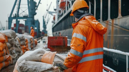 Fototapeta premium Dockworker unloading cargo from ship on a snowy day