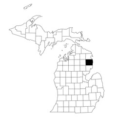Map of alcona County in Michigan state on white background. single County map highlighted by black colour on Michigan map. UNITED STATES, US