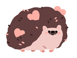 Cute hedgehog carrying hearts, love valentines in spikes. Happy funny adorable forest animal. Comic kawaii spiky character. Kids childish flat illustration isolated on white background