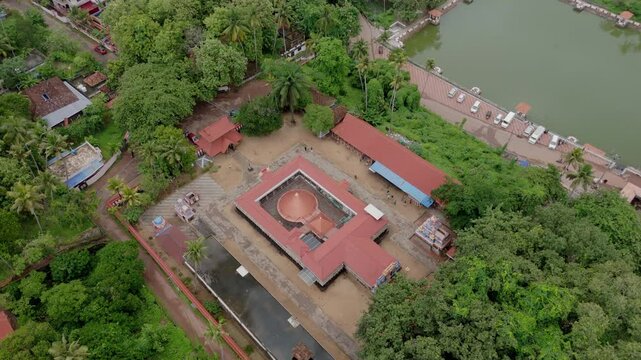 Drone view of Varkala janardhana swamy temple and Papanasham Beach, Thiruvananthapuram, Kerala, India