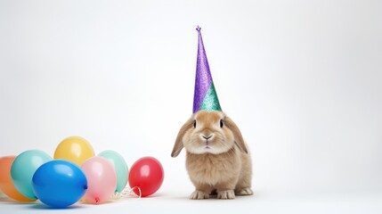 Obraz premium Cute Bunny with Party Hat and Balloons