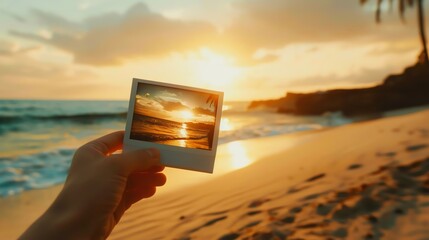 Hand holding a Polaroid photo of a beautiful sunset on a beach.