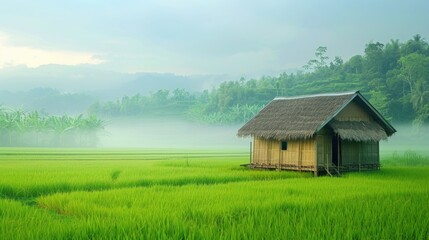 Obraz premium Bamboo hut in green field with empty space