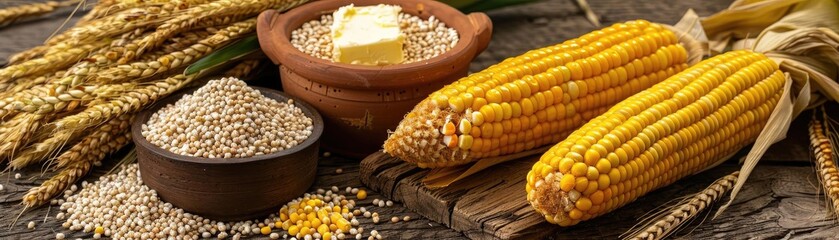 Close-up shot of fresh corn, grains, and butter on rustic wooden table. Perfect image for culinary and agricultural themes.