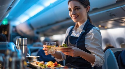 Flight attendant serving drinks and snacks on a plane