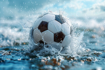Naklejka premium soccer ball on the rain