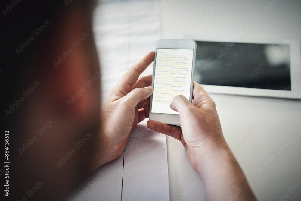 Poster business, hands or man with phone screen in office for social media, streaming or inbox check, chat 