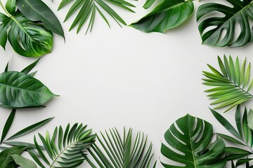 Naklejka premium Tropical leaves frame with blank center, vibrant green foliage, perfect for summer designs