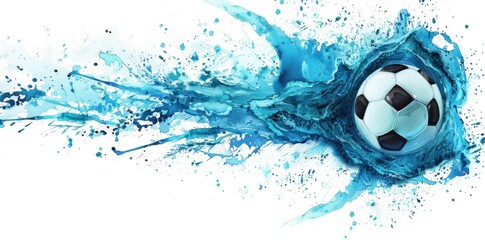 Naklejka premium Dynamic Soccer Ball in Blue Watercolor Explosion, Artistic Sports Representation - Generative ai