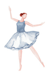 Naklejka premium Watercolor Ballerina in a blue Tutu. Hand drawn illustration of dancer isolated on white background