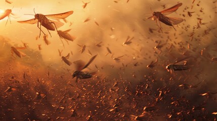 Locusts swarm get down on a wheat field.  Invasion 