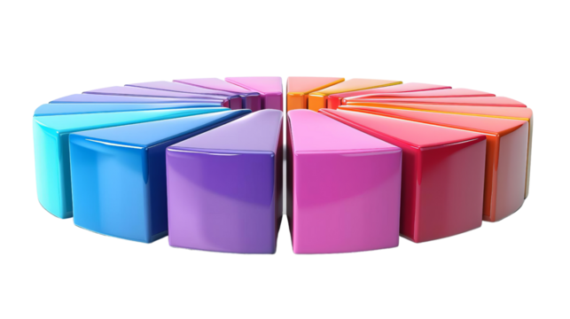 3D colorful pie chart in a circular arrangement, representing data segmentation and business statistics in vibrant colors.