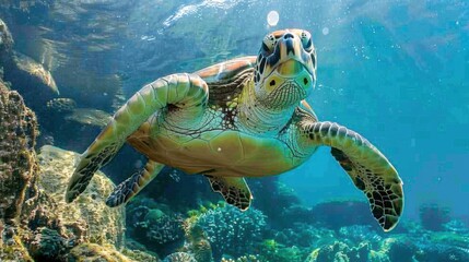Green sea turtle swimming through coral reef in clear ocean water