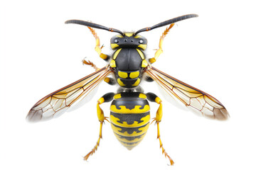 Top view of a Common wasp, Vespula vulgaris, isolated on a white background, showcasing detailed patterns and textures.