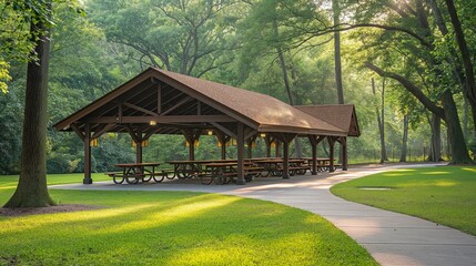 Empty Picnic Pavilion in a Lush Green Park during Sunrise