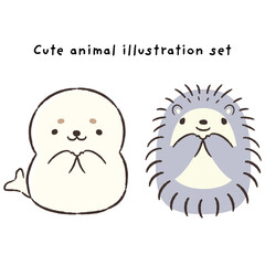 かわいい手描きのアザラシとハリネズミのイラストセット