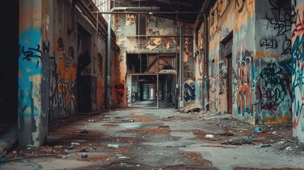 Abandoned industrial alleyway covered in graffiti