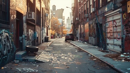 Fototapeta premium A grungy alleyway in a city neighborhood with graffiti and a passing car