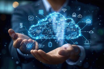 A person is holding a cloud with many icon. Cloud Database technology concept